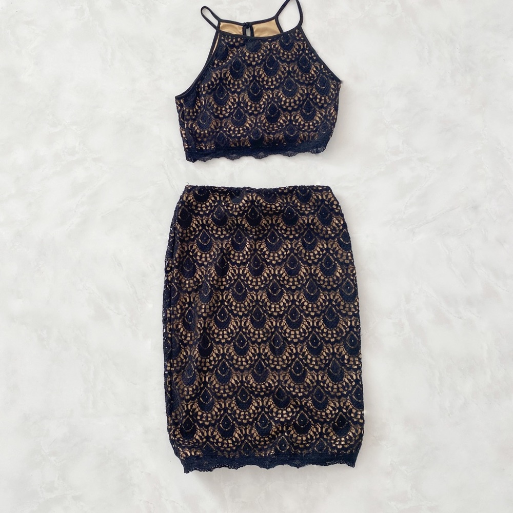 Two piece black lace halter top pencil skirt dress